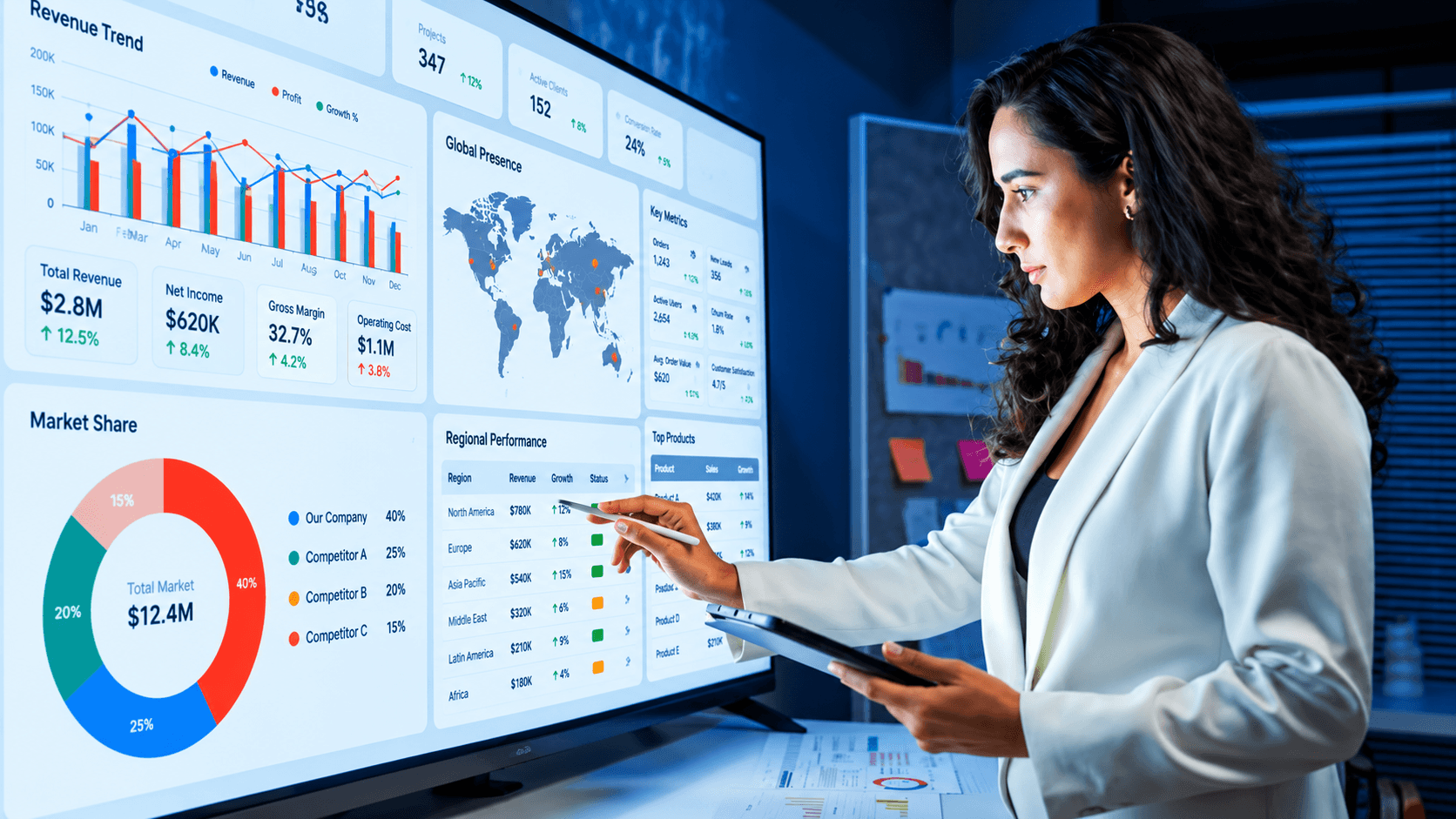 Finance dashboard with revenue and margin charts on a laptop