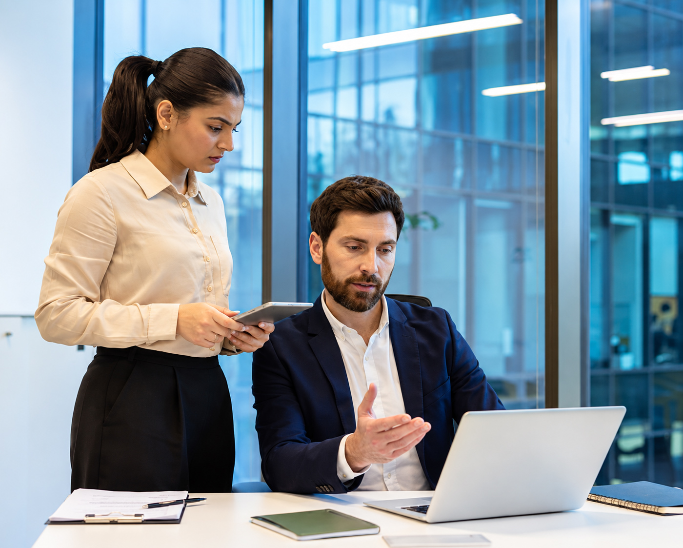 Modern business workspace with a team collaborating